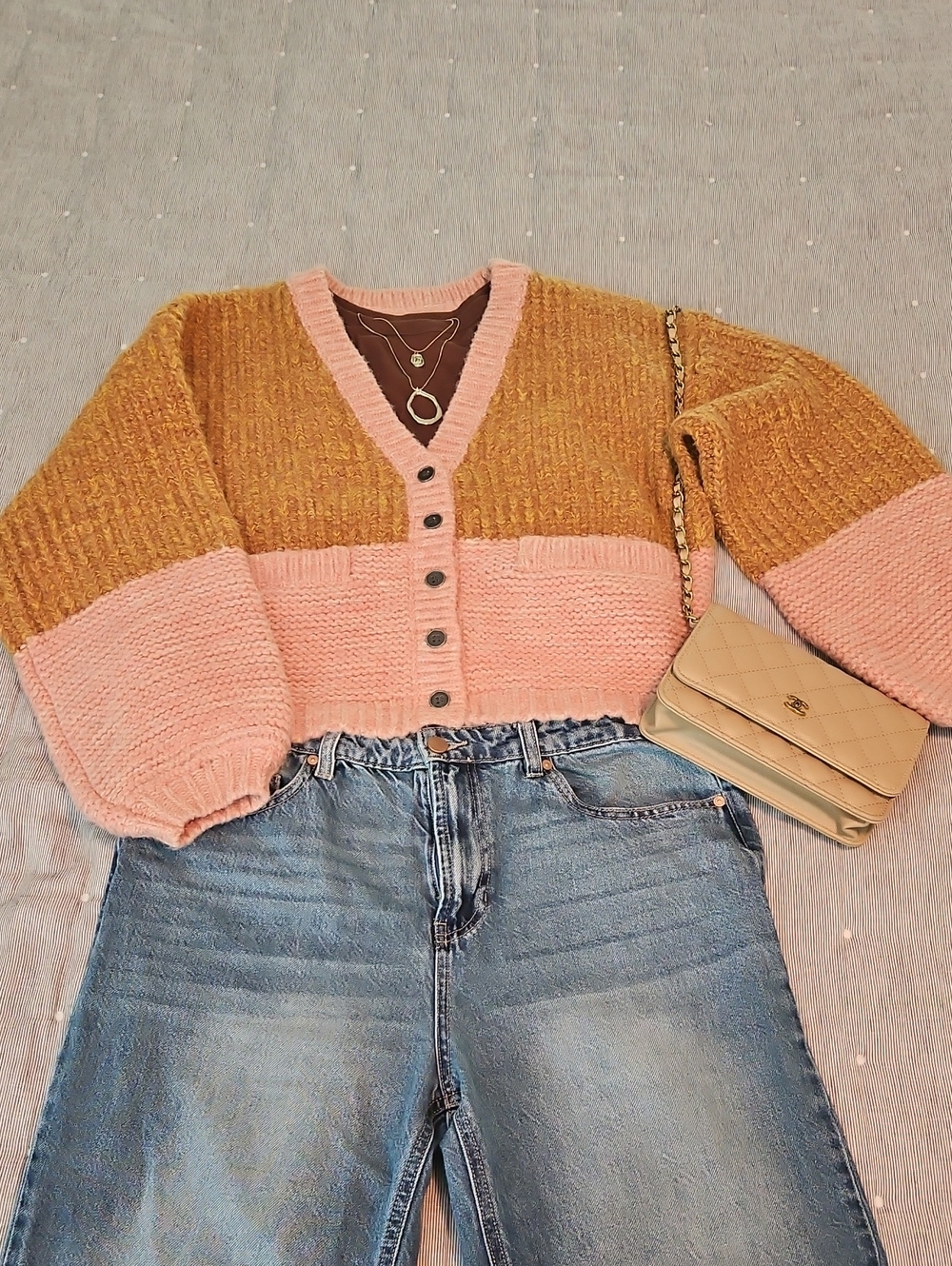 Sundance Two-Tone Mustard and Blush Knit Cardigan